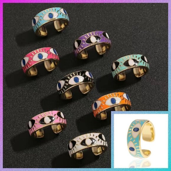 Evil Eye Enamel and Copper Adjustable Ring #1209 LT BLUE - Picture 1 of 16